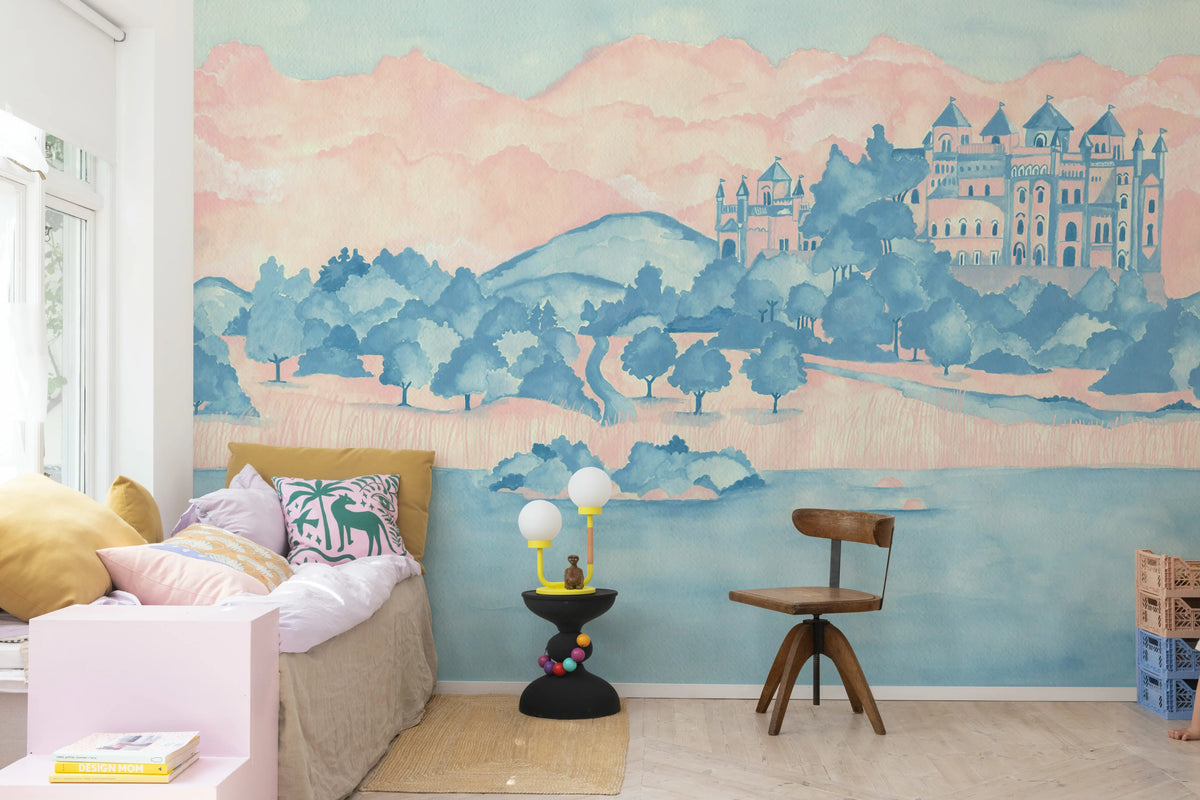 Castle By The Lake, Pink & Blue Mural Wallpaper - room preview 03
