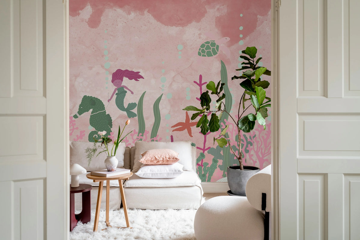 Mermaid World, Pink Mural Wallpaper - room preview 03