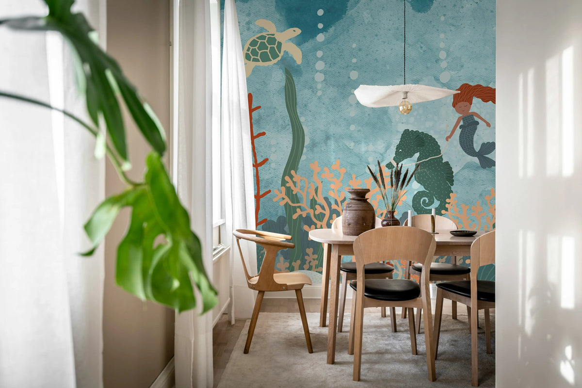 Mermaid World, Blue Mural Wallpaper - room preview 03