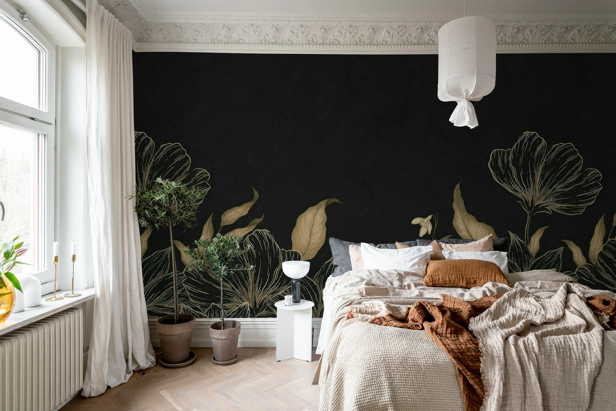 Floral Fantasy, Black Mural Wallpaper - room preview 03