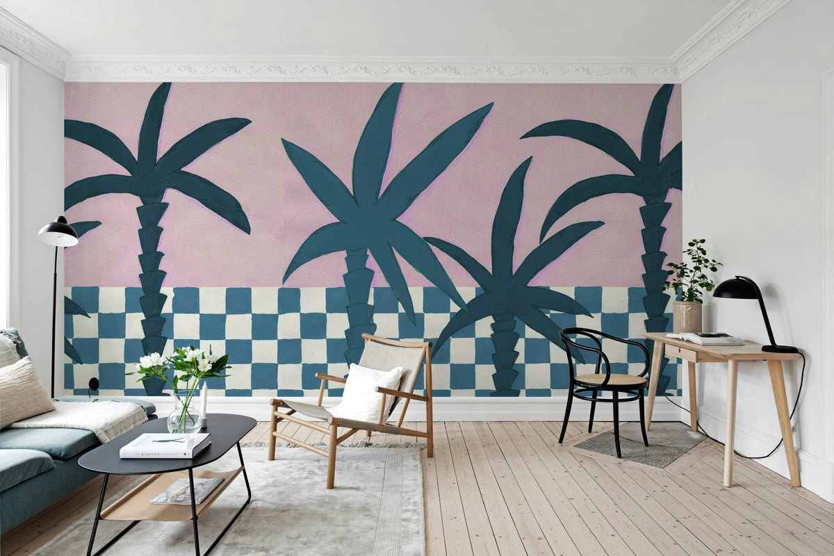Palm Horizon, Blue & Pink Mural Wallpaper - room preview 03