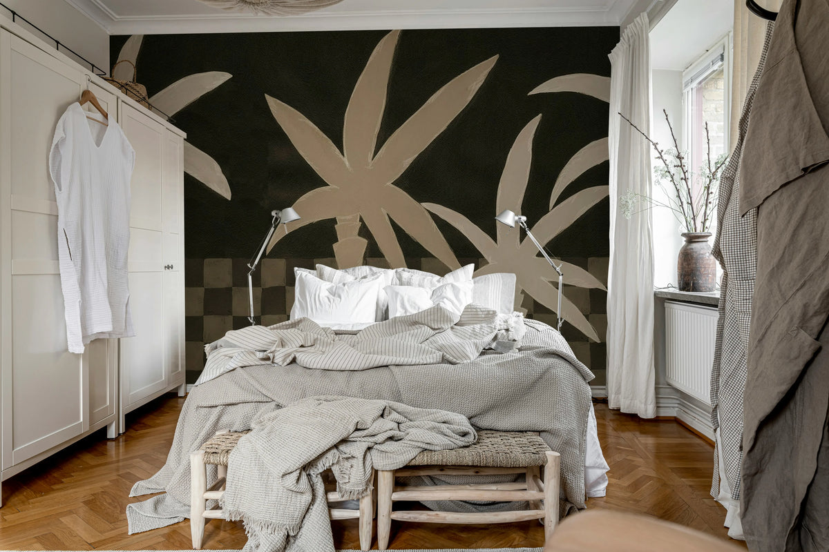 Palm Horizon, Dark Brown Mural Wallpaper - room preview 03