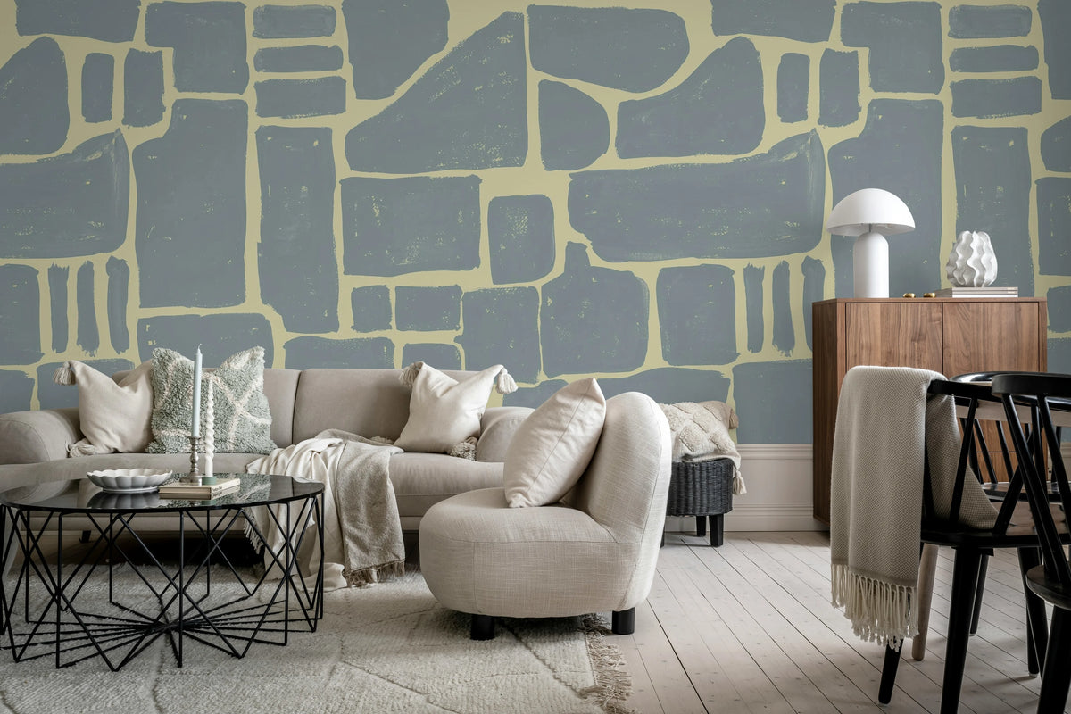 Block Print, Blue & Yellow Mural Wallpaper - room preview 03