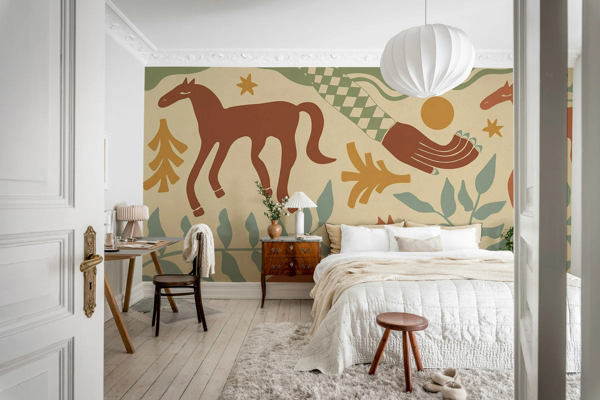 Emmas Horses, Red & Green Mural Wallpaper - room preview 03