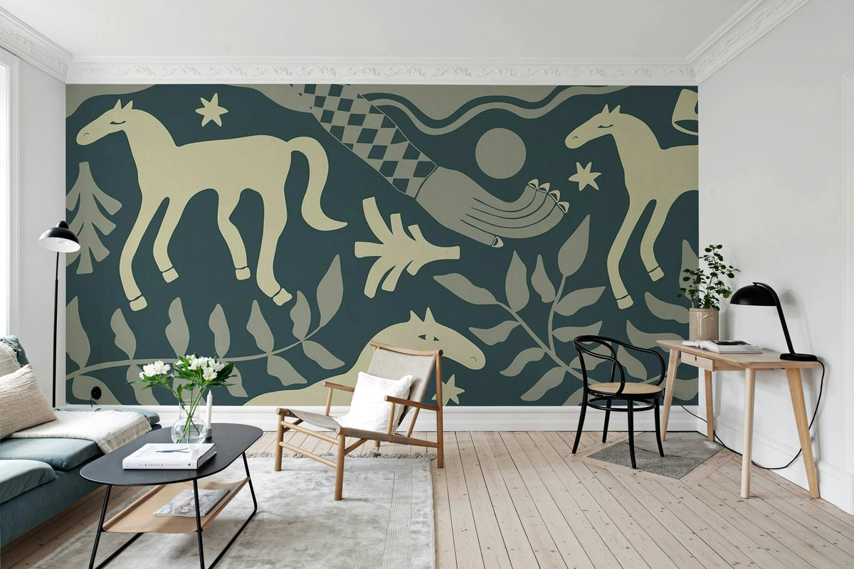 Emmas Horses, Blue Mural Wallpaper - room preview 03