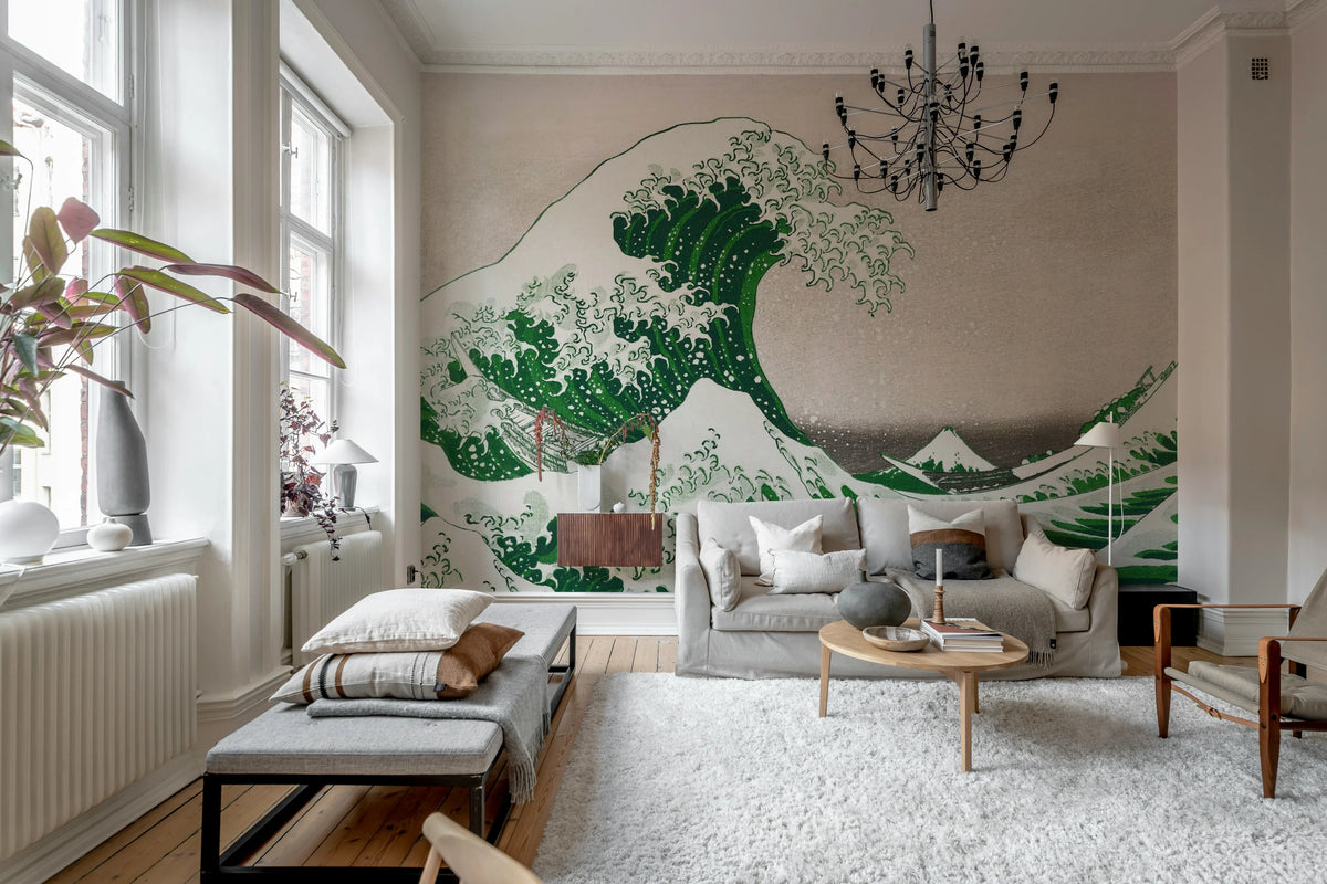 Under the Wave off Kanagawa, Green Mural Wallpaper - room preview 03