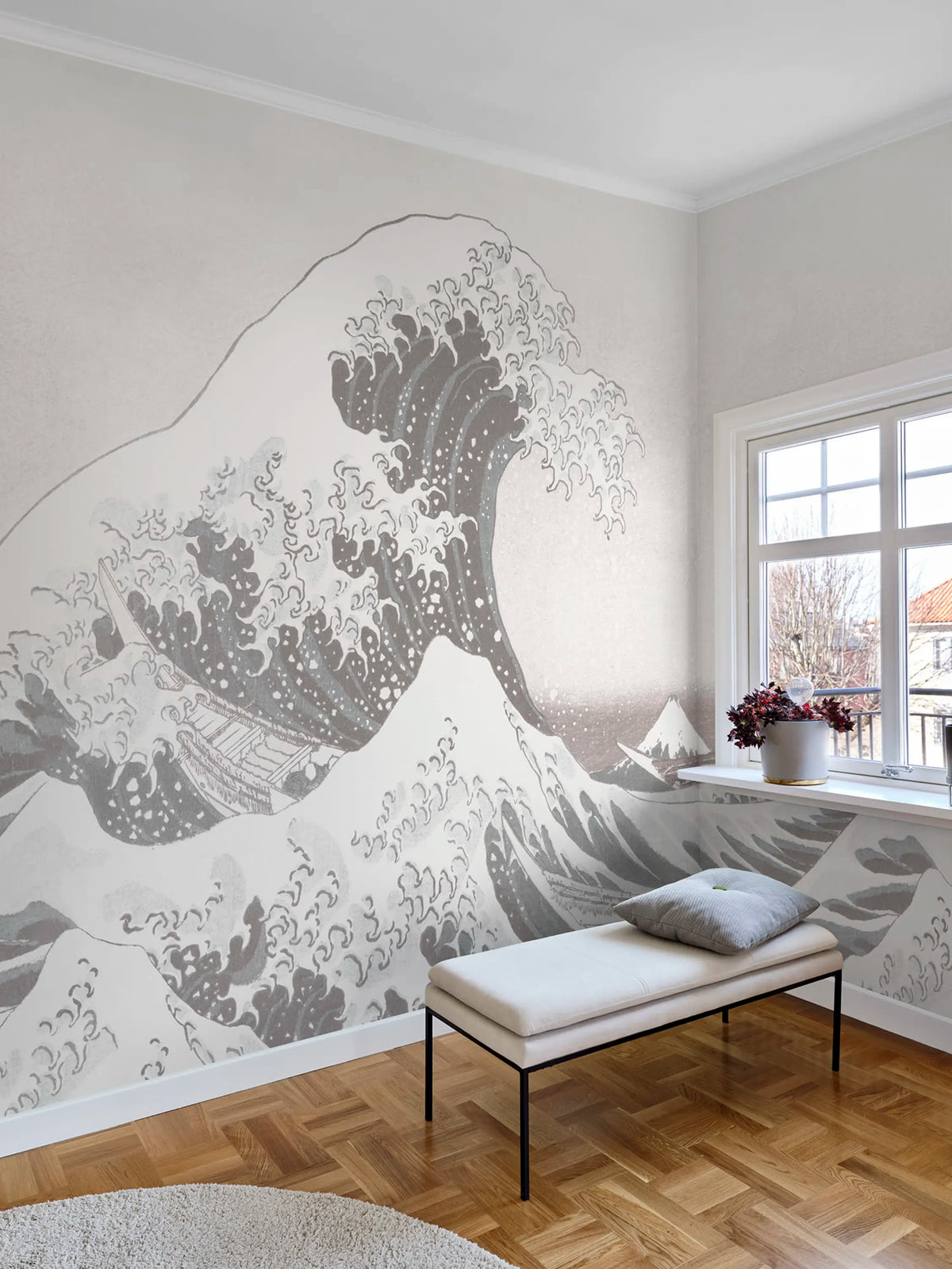 Under the Wave off Kanagawa, White Mural Wallpaper - room preview 03
