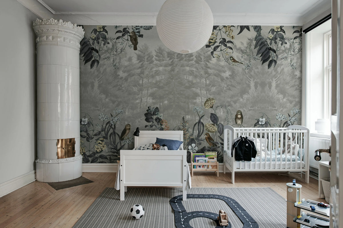 Owl Forest, Gray Mural Wallpaper - room preview 03
