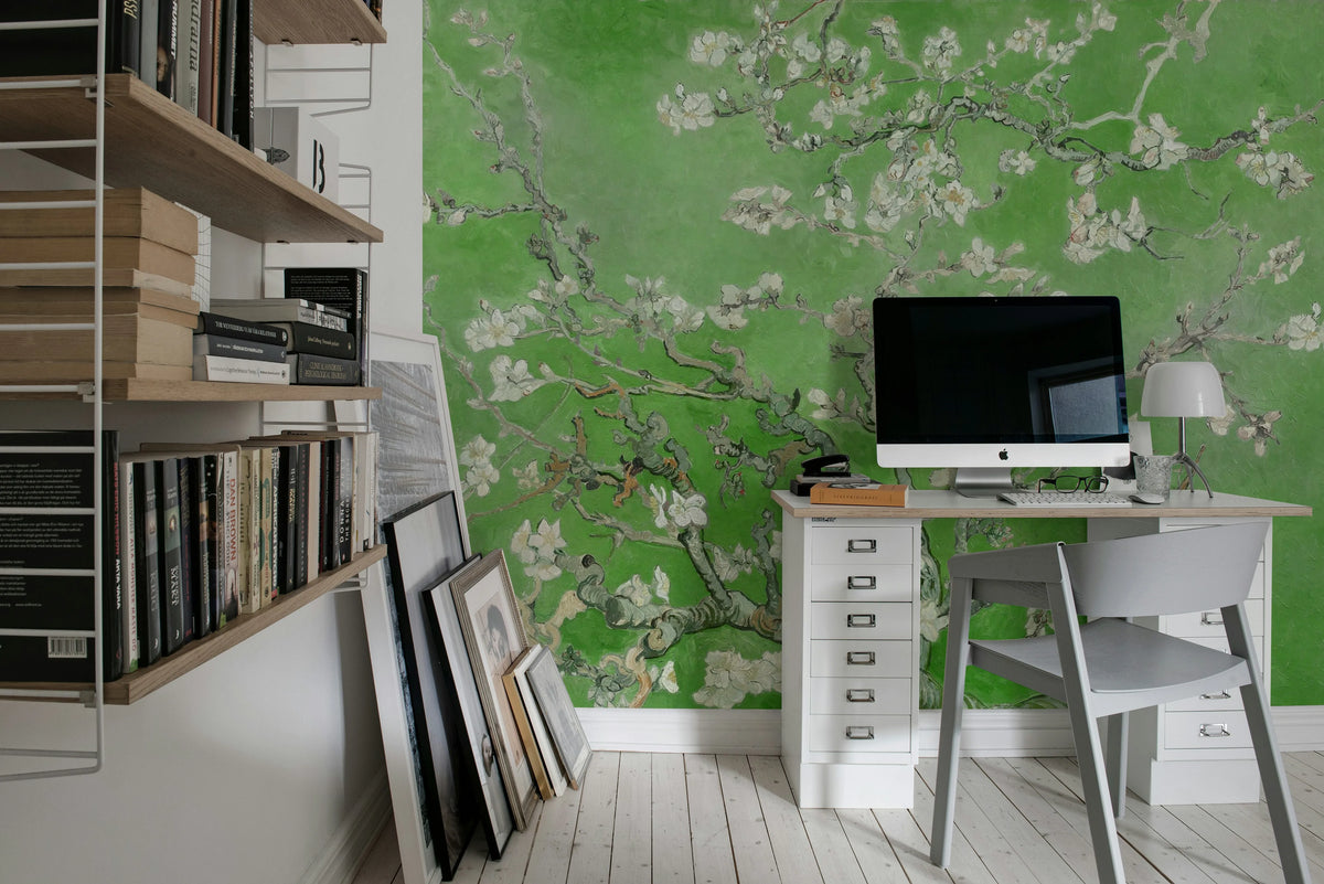 Almond Blossom, Green Mural Wallpaper - room preview 03