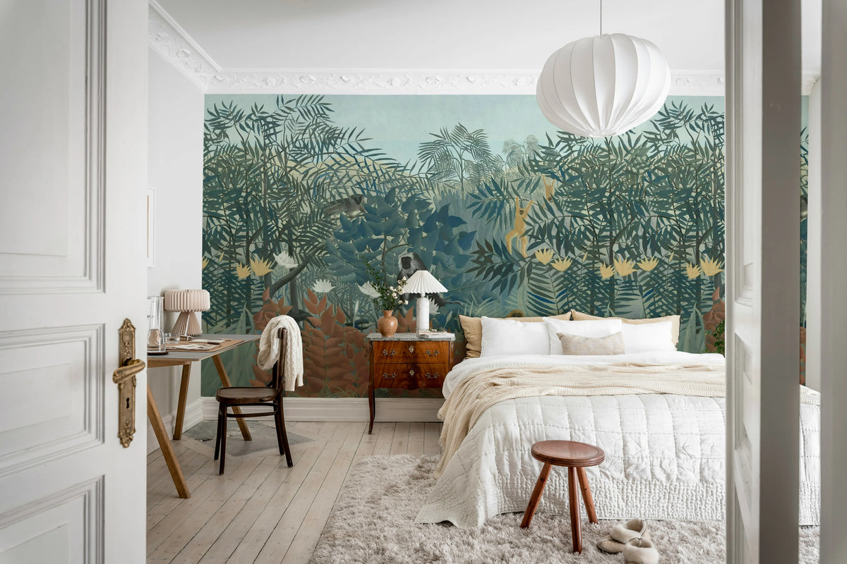 Tropical Forest With Monkeys, Blue Mural Wallpaper - room preview 03
