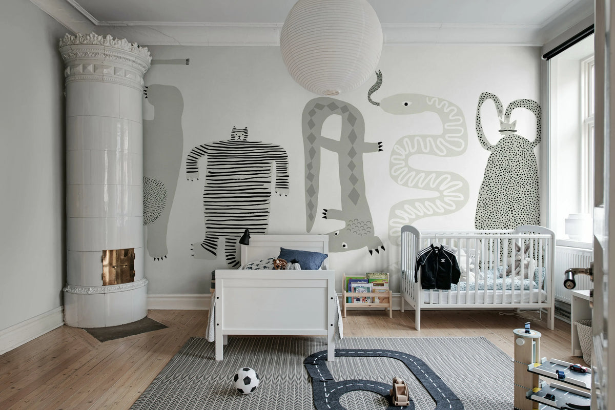 Funky Friends, Gray Mural Wallpaper - room preview 03