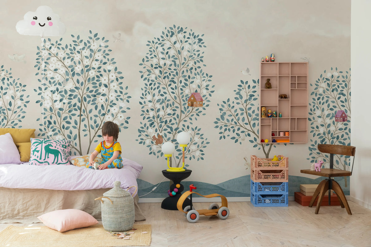 Happy Haven, Turquoise Mural Wallpaper - room preview 03