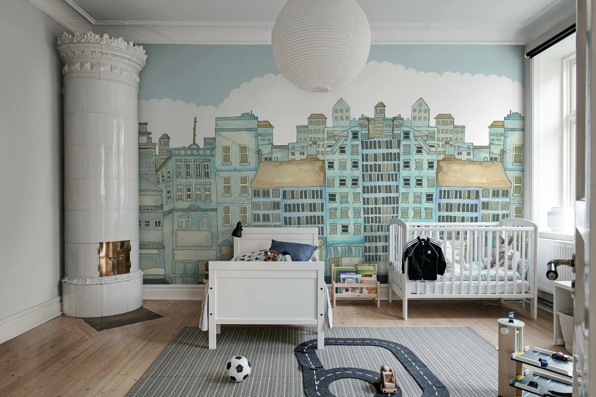 Funny Houses, Light Blue Mural Wallpaper - room preview 03