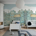 Funny Houses, Light Blue Mural Wallpaper - room preview 03