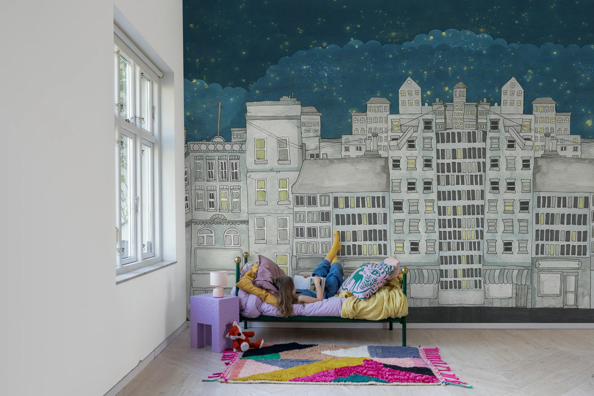 Funny Houses, Dark Blue Mural Wallpaper - room preview 03