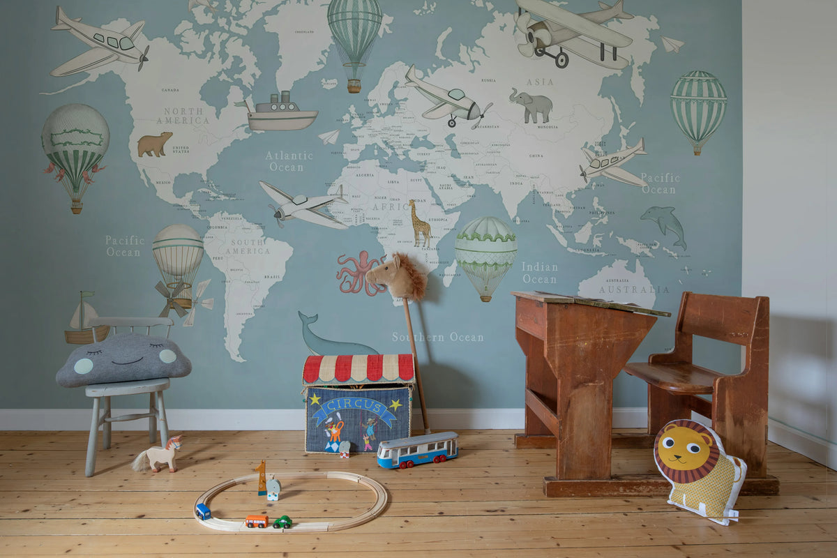 Playful World, Light Blue Mural Wallpaper - room preview 03