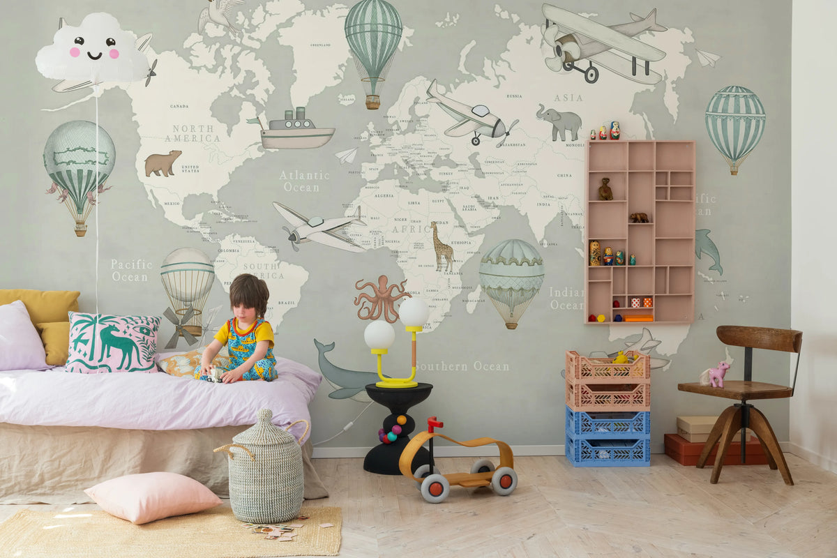 Playful World, Light Gray Mural Wallpaper - room preview 03
