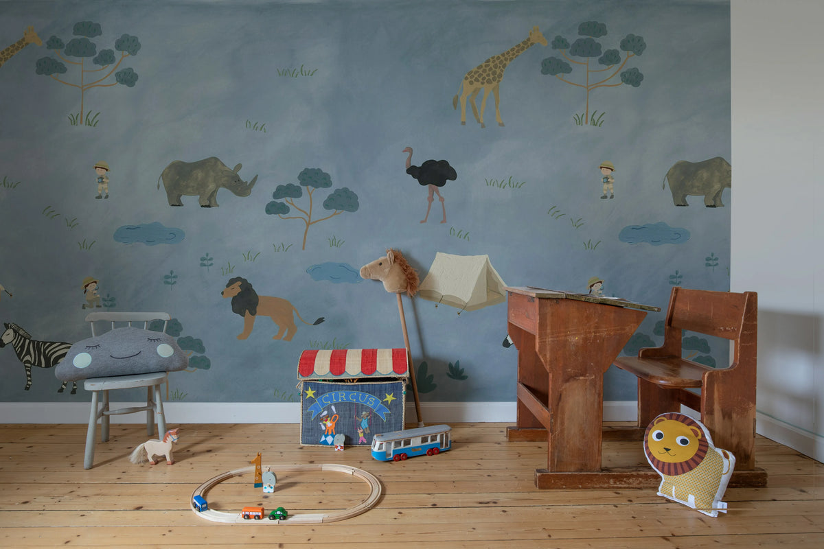 Animal Safari, Blue Mural Wallpaper - room preview 03