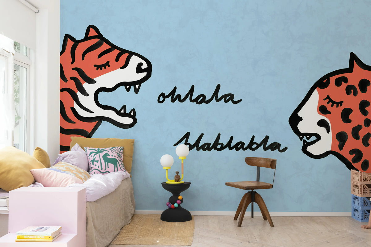 Cat Talk, Light Blue Mural Wallpaper - room preview 03