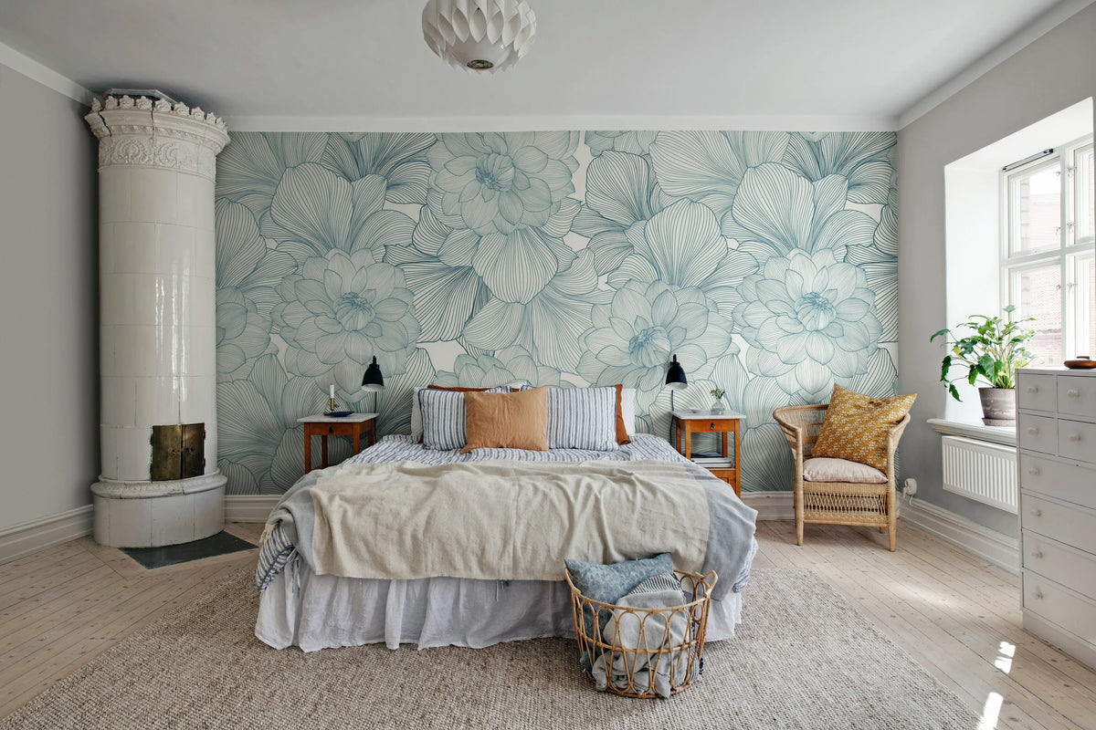 Bold Dahlia, Blue Mural Wallpaper - room preview 03
