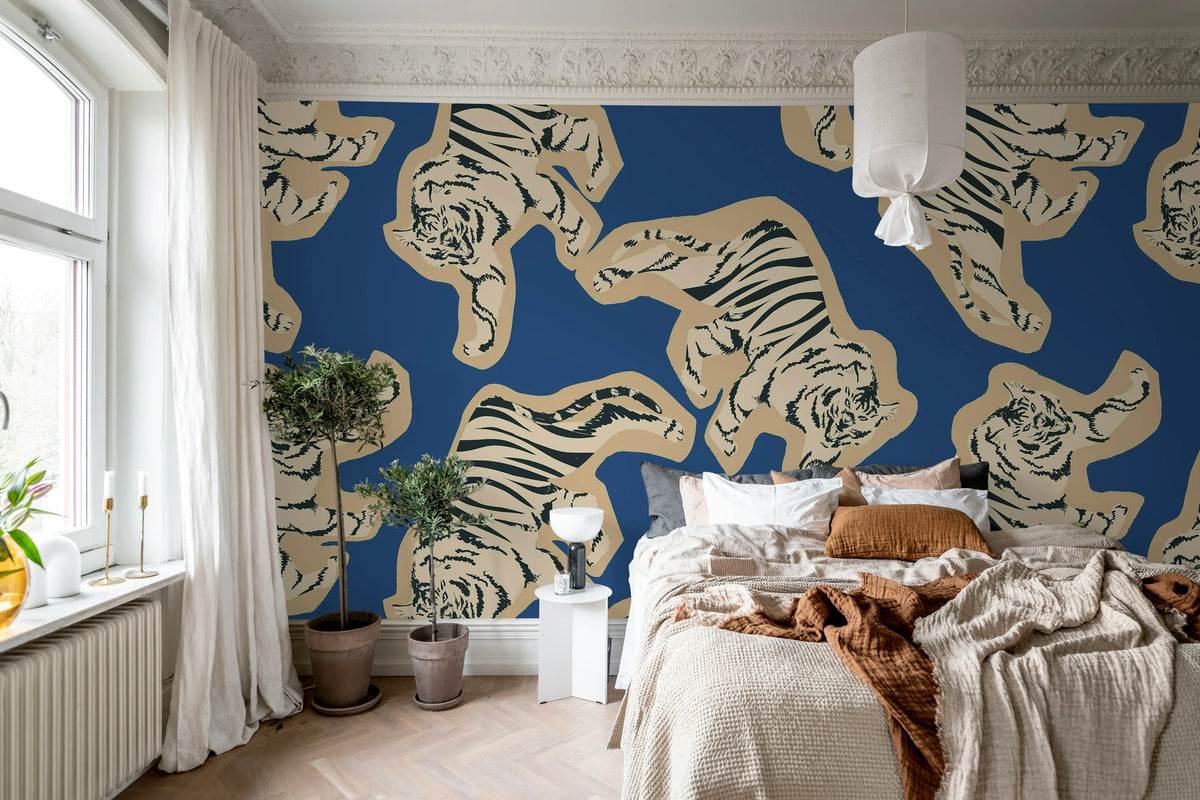 Quirky Tigers, Blue Mural Wallpaper - room preview 03