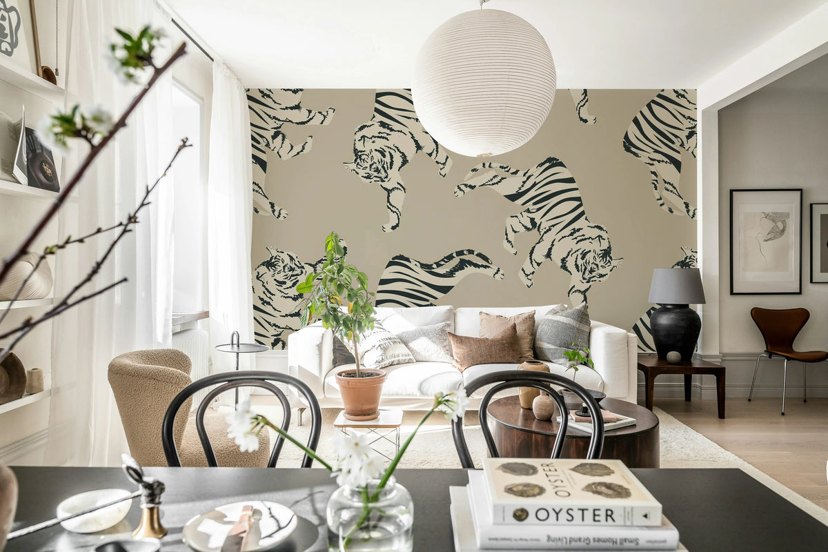 Quirky Tigers, Beige Mural Wallpaper - room preview 03