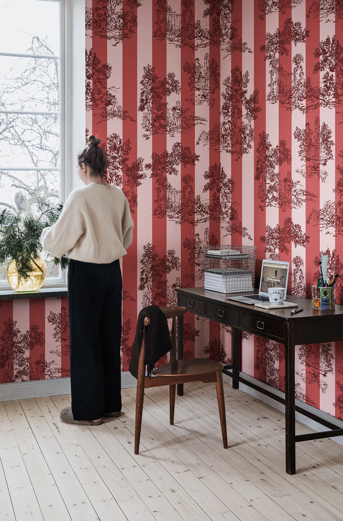Happy Toile, Raspberry Mural Wallpaper - room preview 03