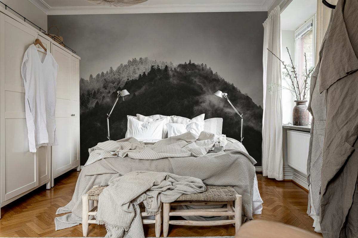 Foggy Mountain, Black & White Mural Wallpaper - room preview 03