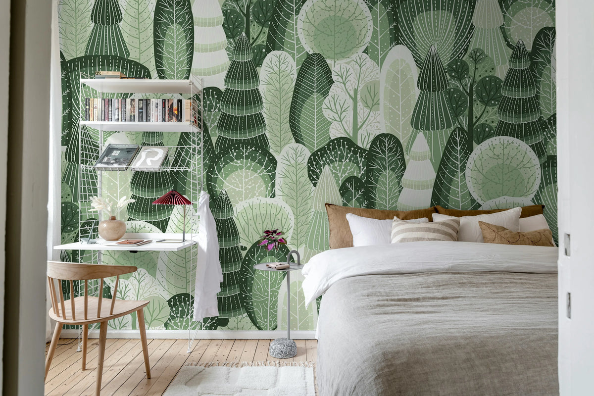 Artsy Trees, Green Mural Wallpaper - room preview 03