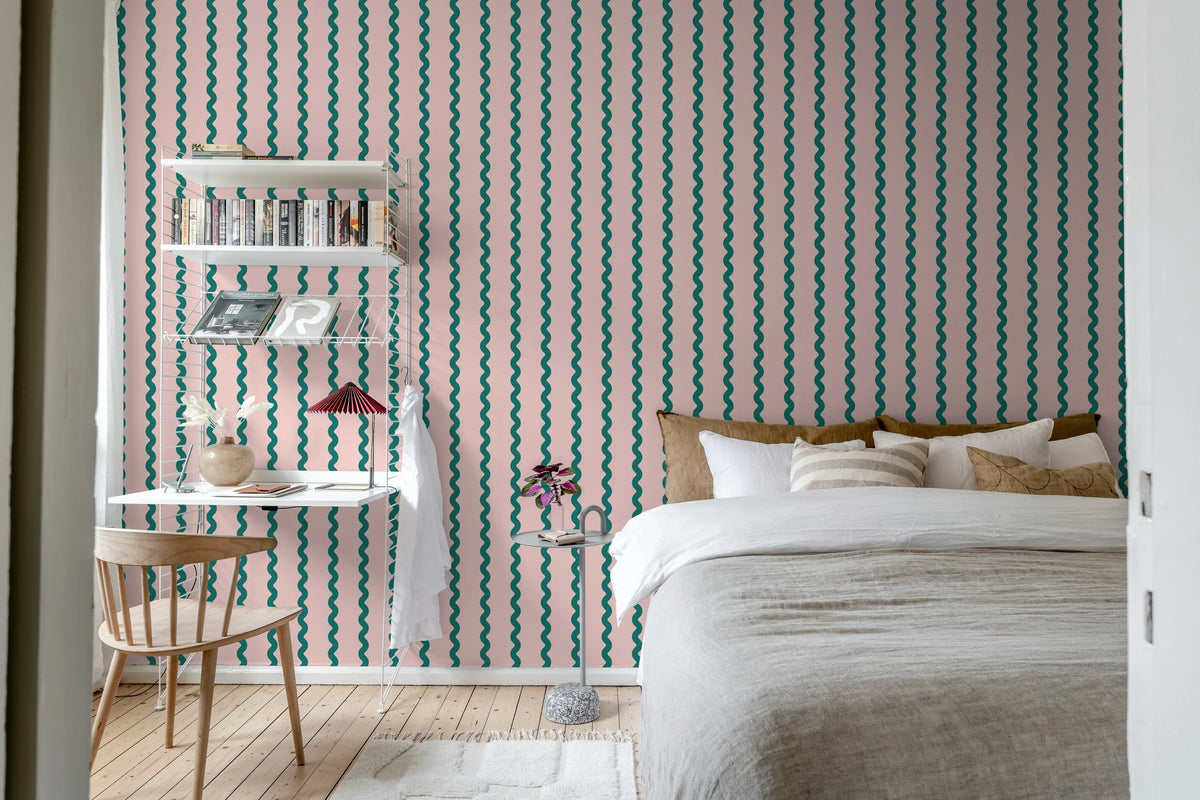 Wobbly Stripe, Pink Mural Wallpaper - room preview 03