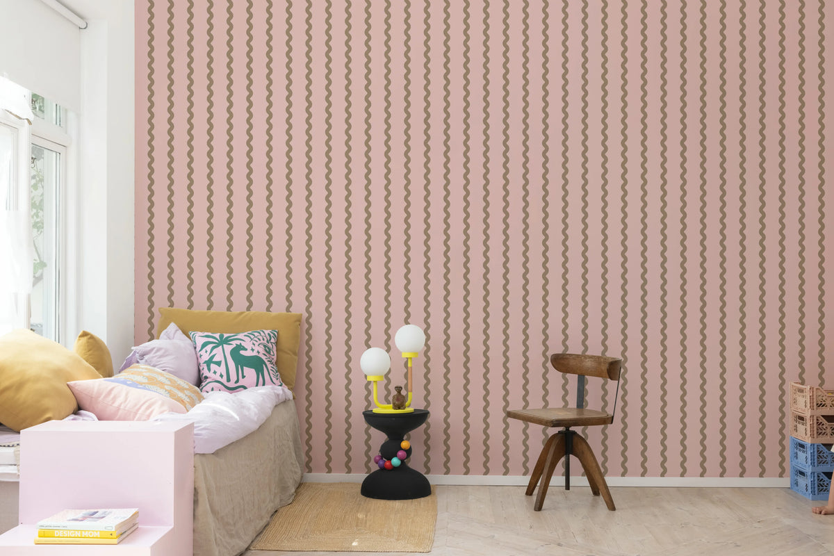 Wobbly Stripe, Soft Pink Mural Wallpaper - room preview 03