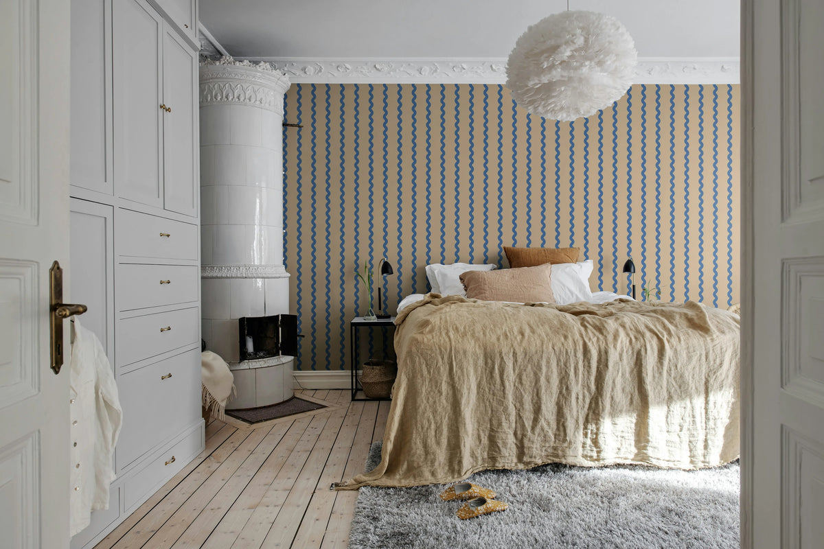 Wobbly Stripe, Blue Mural Wallpaper - room preview 03