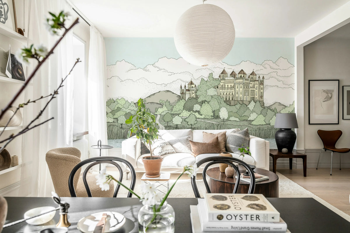 Castle By The Lake, Soft Green Mural Wallpaper - room preview 03