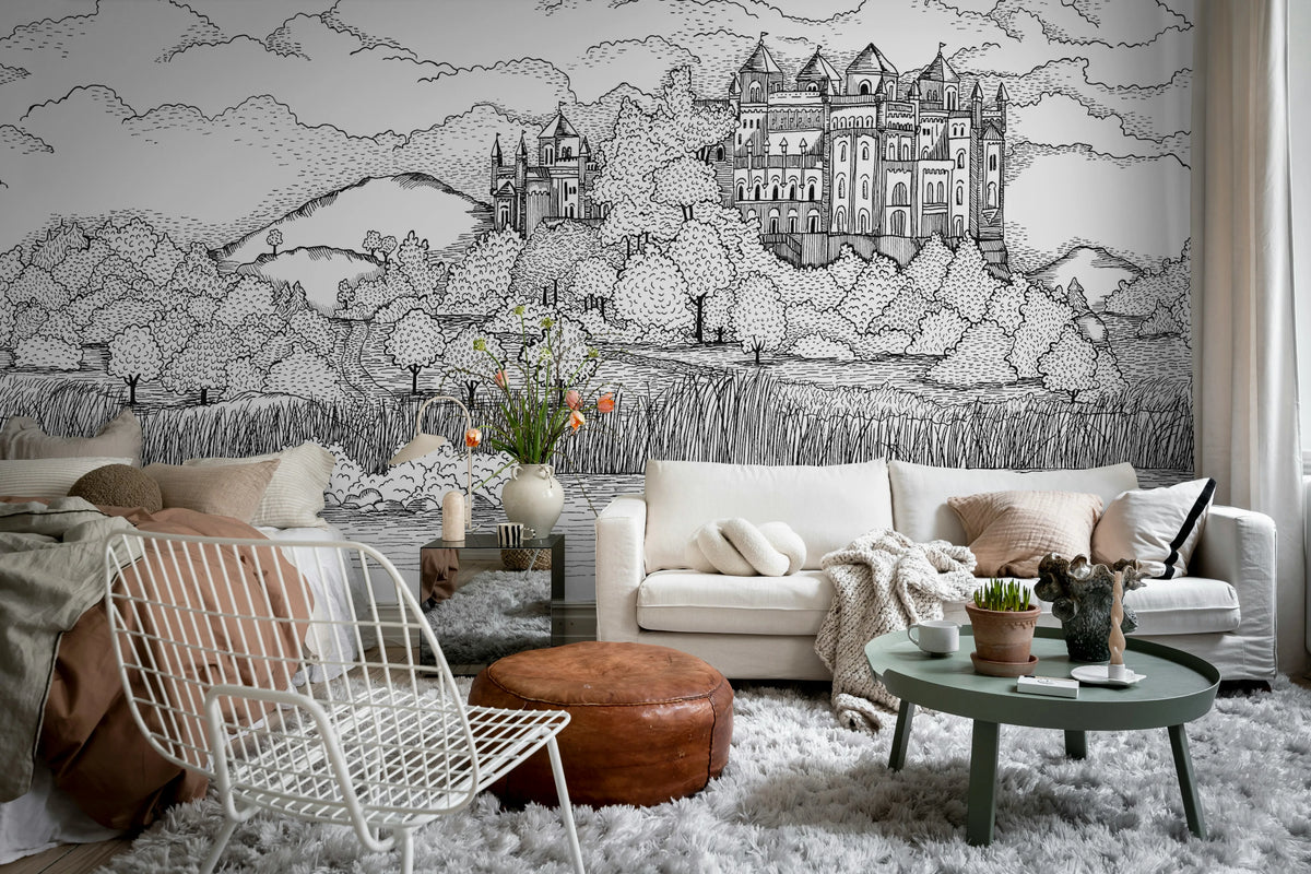 Castle By The Lake, Black & White Mural Wallpaper - room preview 03