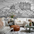 Castle By The Lake, Black & White Mural Wallpaper - room preview 03