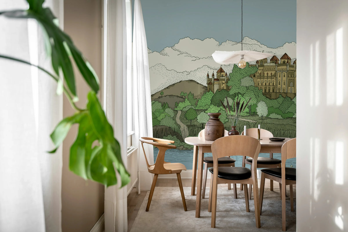 Castle By The Lake, Green Mural Wallpaper - room preview 03