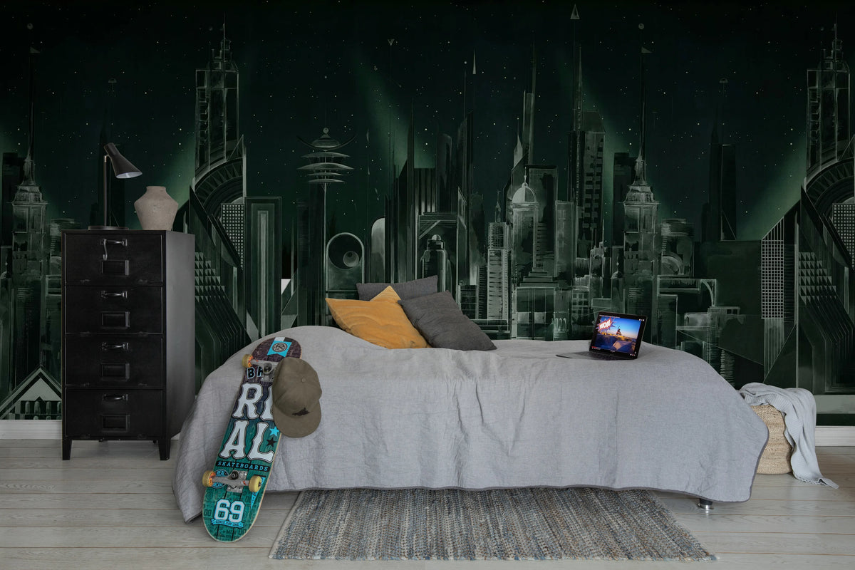 Sci-Fi Town, Green Mural Wallpaper - room preview 03