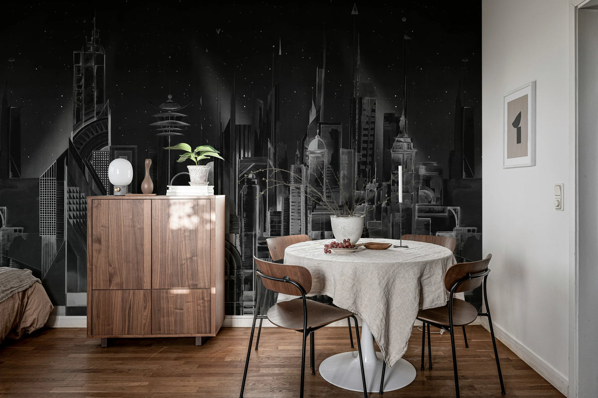 Sci-Fi Town, Black Mural Wallpaper - room preview 03