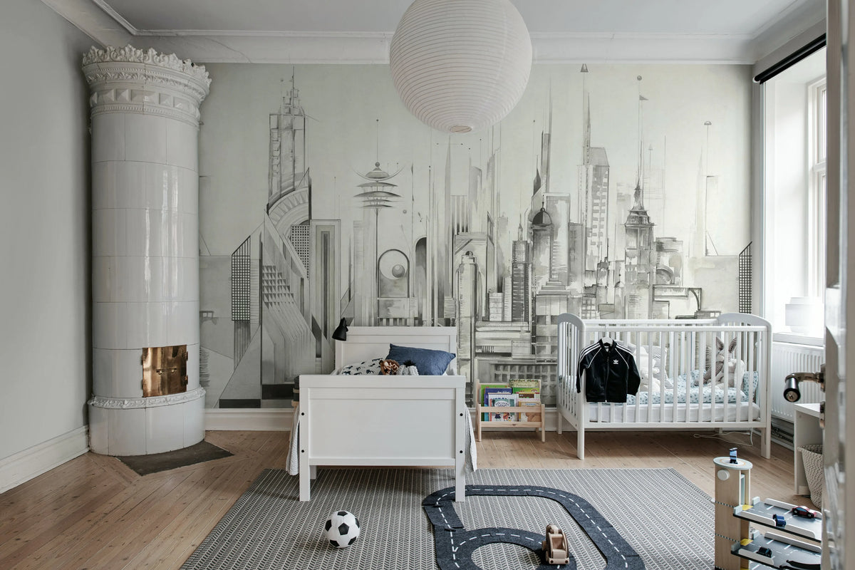 Sci-Fi Town, White Mural Wallpaper - room preview 03