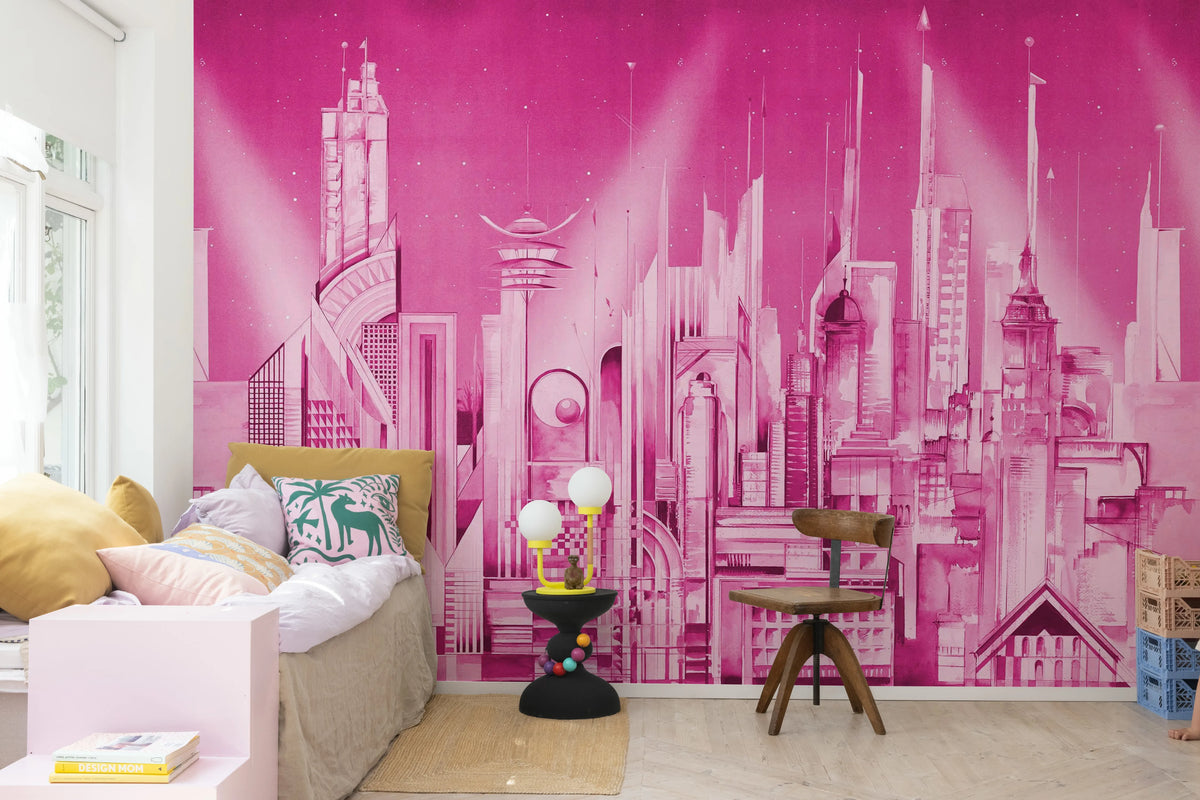 Sci-Fi Town, Pink Mural Wallpaper - room preview 03