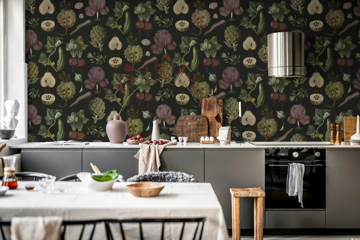 Vintage Greens, Black Mural Wallpaper - room preview 03