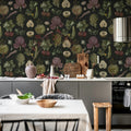 Vintage Greens, Black Mural Wallpaper - room preview 03