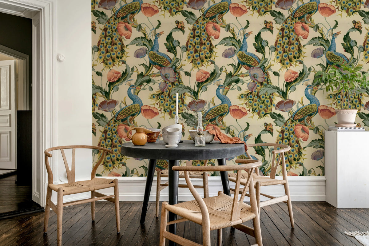 Vintage Peacock, Beige Mural Wallpaper - room preview 03