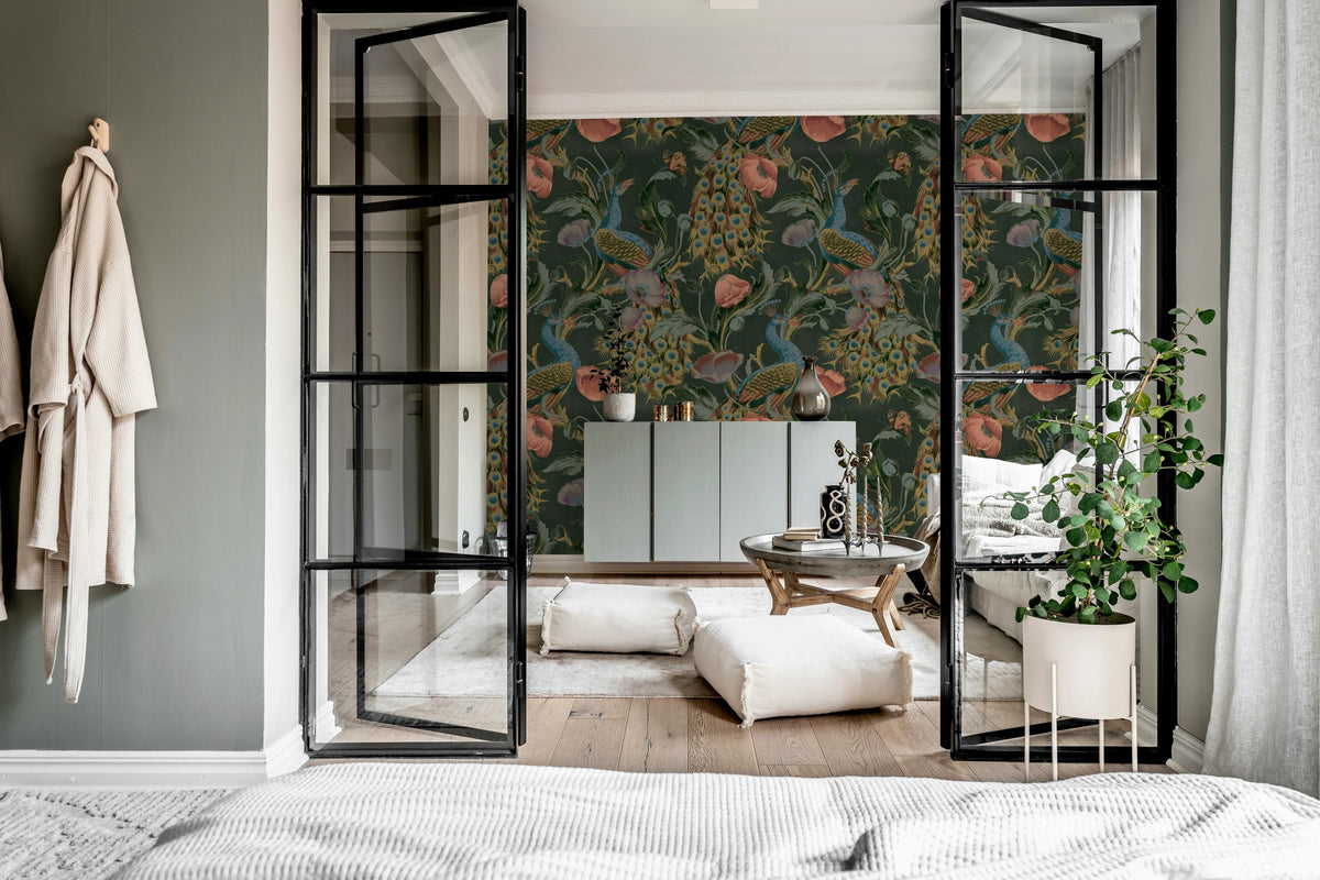 Vintage Peacock, Black Mural Wallpaper - room preview 03