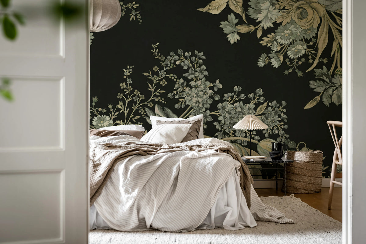 Bold Floral, Black Mural Wallpaper - room preview 03