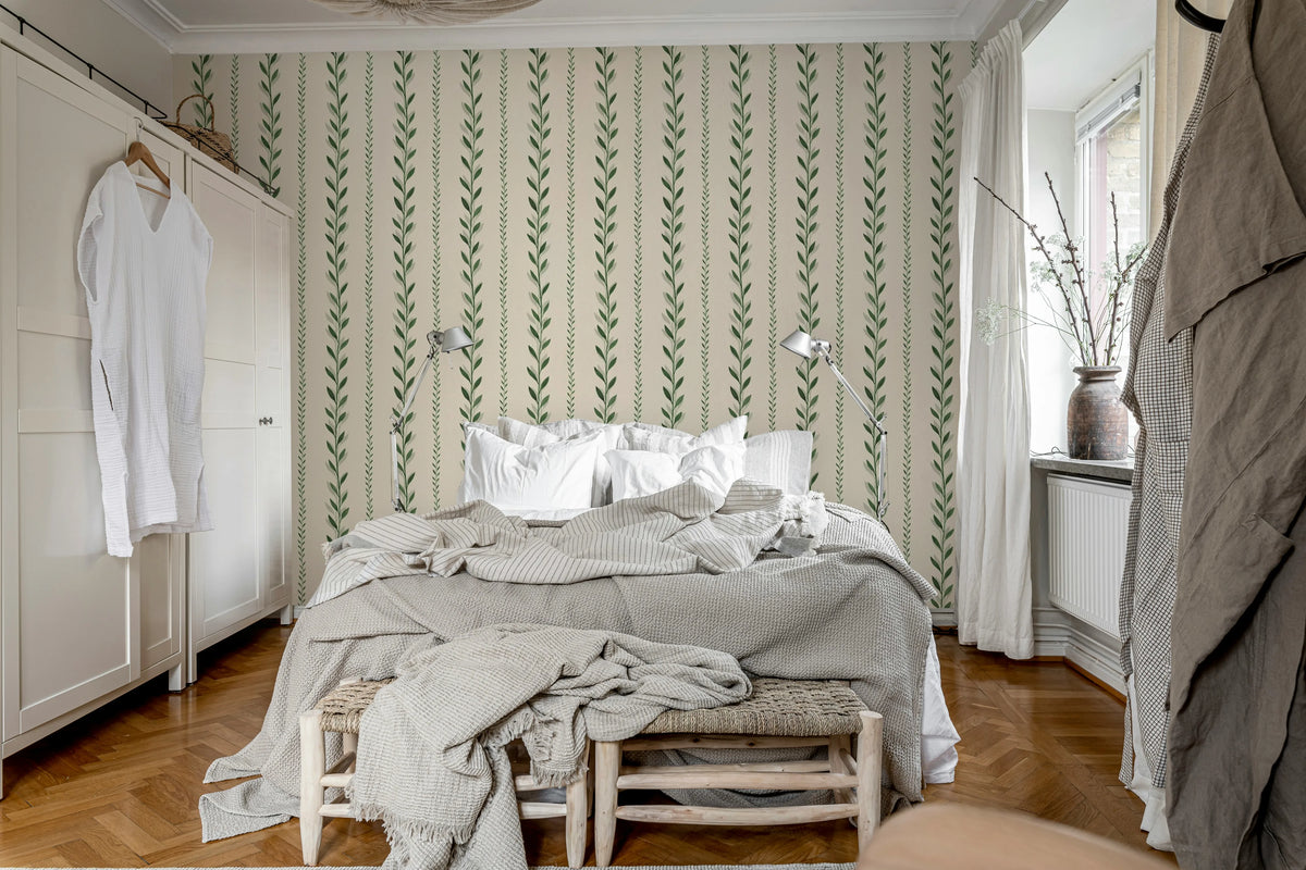 Bayleaf Stripe, Green Mural Wallpaper - room preview 03