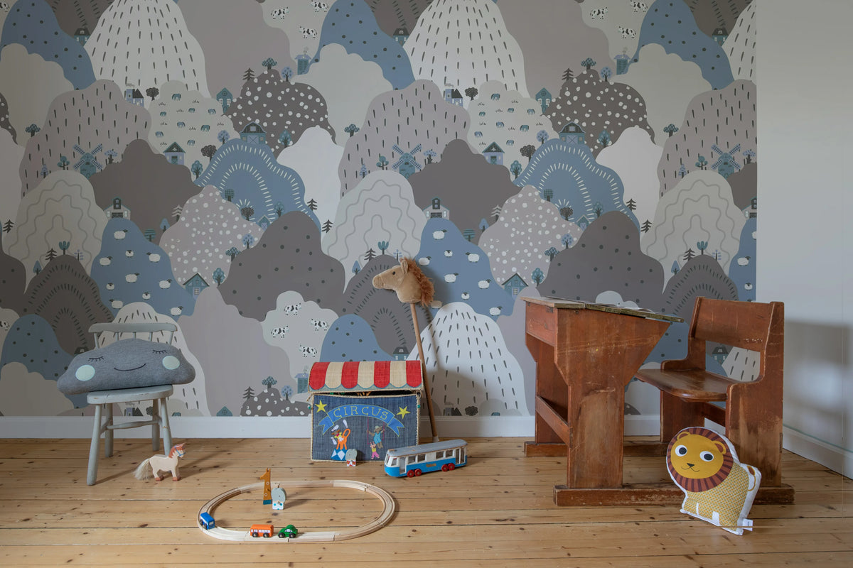 Happy Hillside, Gray Mural Wallpaper - room preview 03