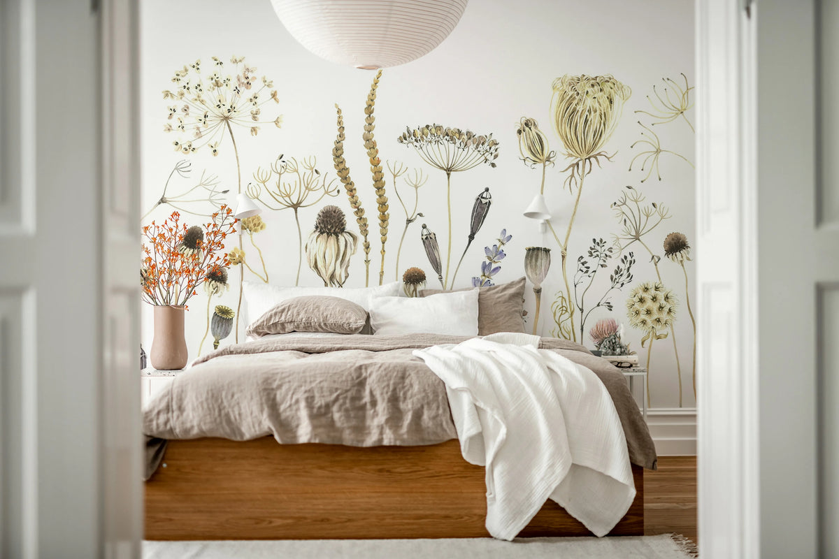 Dried Flower Meadow, Beige Mural Wallpaper - room preview 03