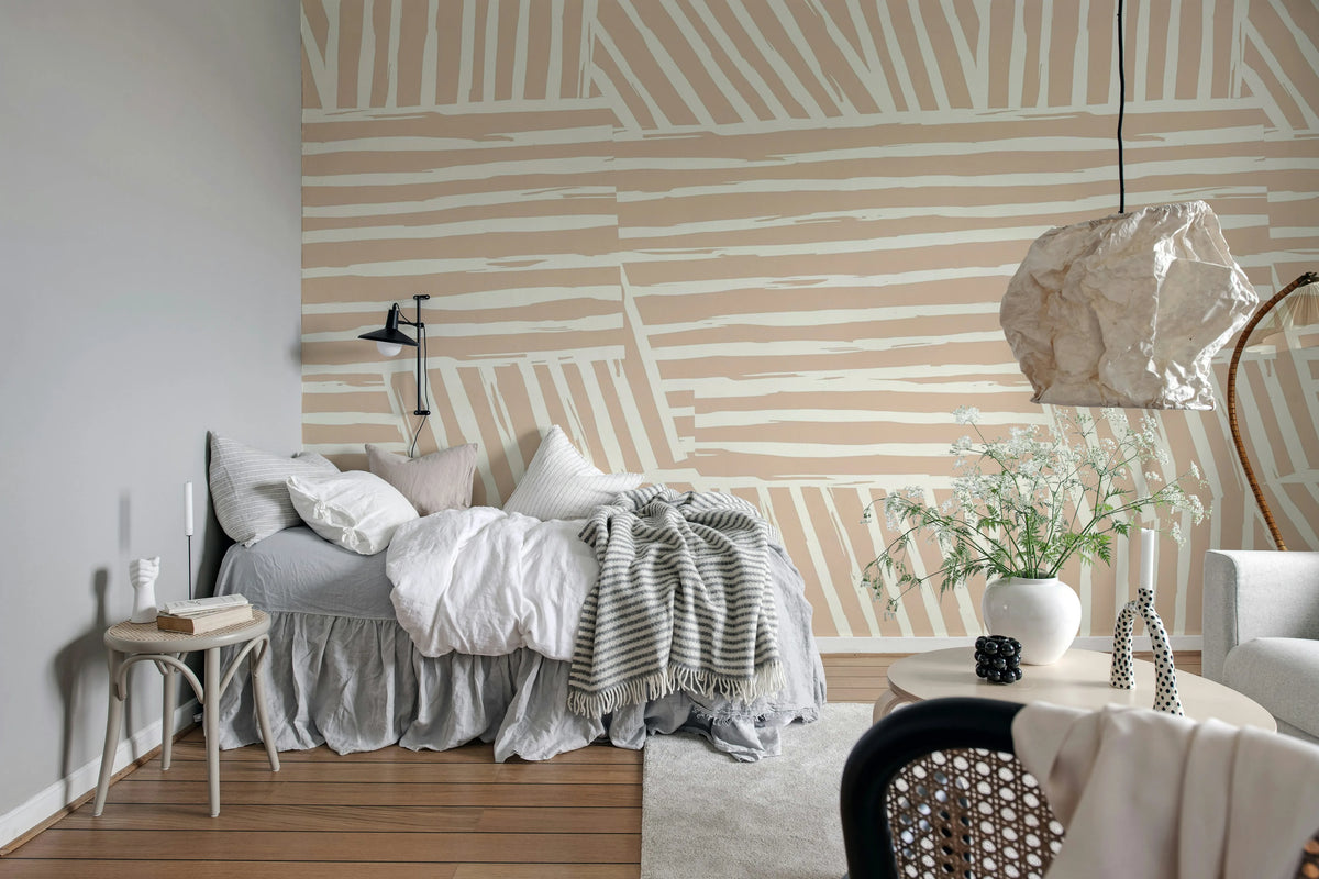 Geometric Lines, Beige Mural Wallpaper - room preview 03