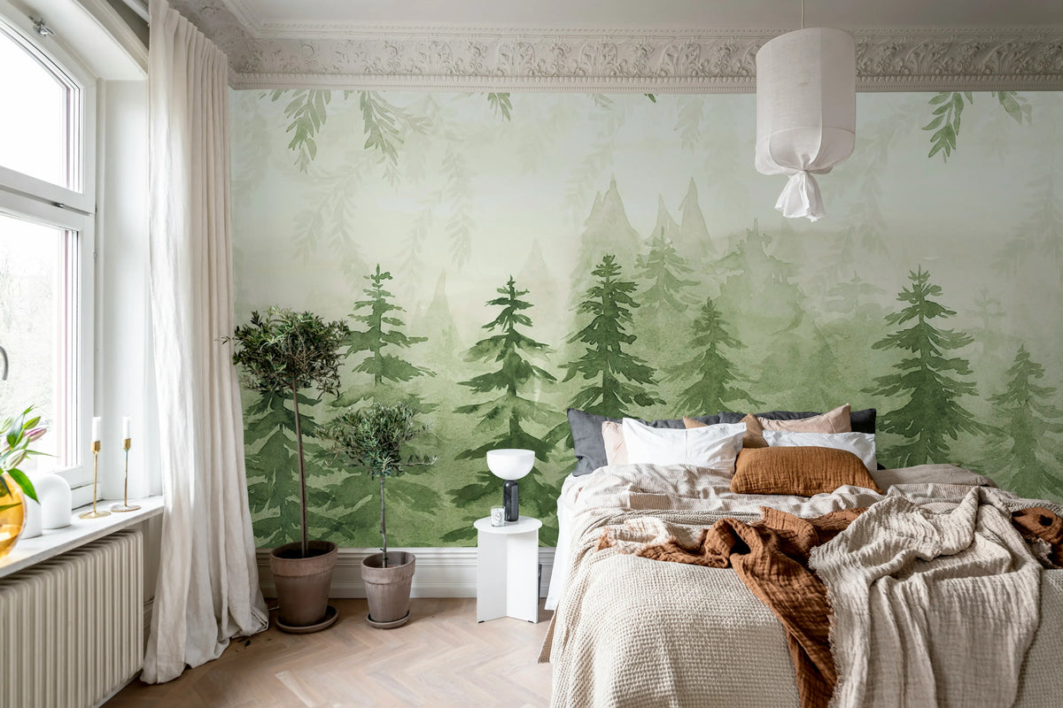 Watercolor Forest, Green Mural Wallpaper - room preview 03